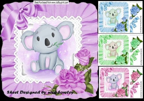 4 Cute water colour  Koala Bears in frill 8x8 card fronts with  bows Mini kit