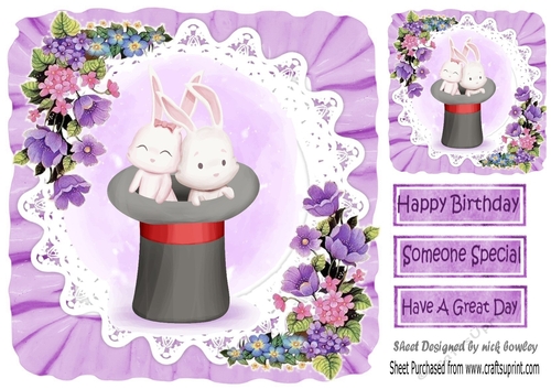 Bunnies in top hat with lace and flowers in purple frill 8x8 frame