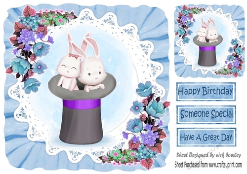 Bunnies in top hat with lace and flowers in blue frill 8x8 frame