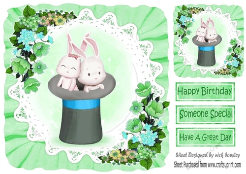 Bunnies in top hat with lace and flowers in green frill 8x8 frame