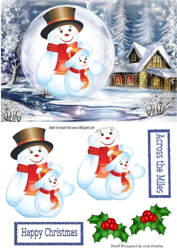 Lovely snow scene with snowman in snowball with holly A5