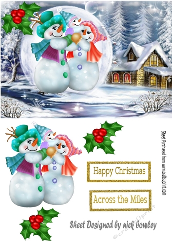  Lovely snow scene with snowman family in a snowball with holly A5, 