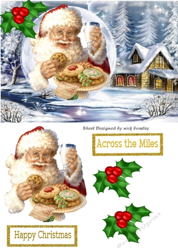 Lovely scene with santa and his milk & cookies in snowball with holly A5