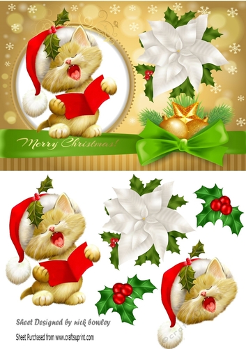 Cute Carol singing cat with bow and holly A5