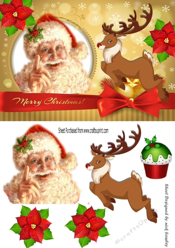 Santa with reindeer  with bow and poinsettias A5