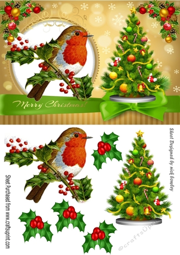Lovely robin on a branch with snow, & christmas tree  A5