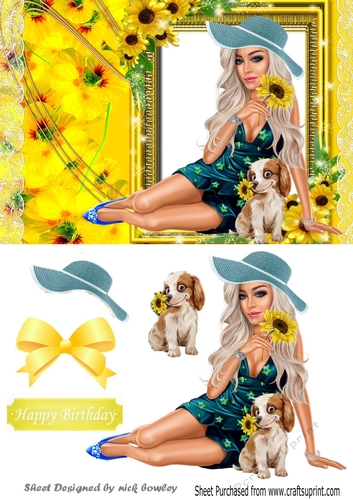 Girl with puppy posing in sunflower A5 Frame with yellow bow