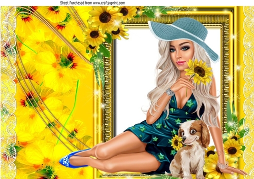 Girl with puppy posing in sunflower A4 Frame 