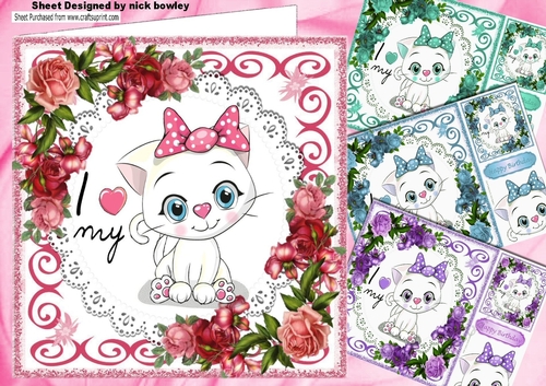 4 Lovely Card fronts of a white kitty wih roses 8x8 Mini kit