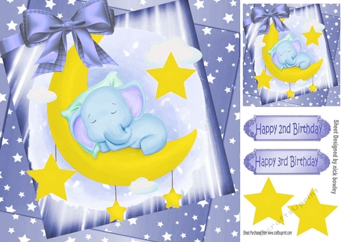 cute watercolour ele sleeping in blue star spangled sky with bow 8x8