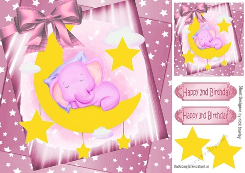 cute watercolour ele sleeping in pink star spangled sky with bow 8x8