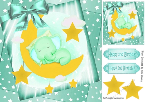 cute watercolour ele sleeping in turq star spangled sky with bow 8x8