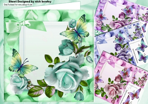 4 Pretty pastel shades of roses & butterflies card fronts 8X8 Mini kit