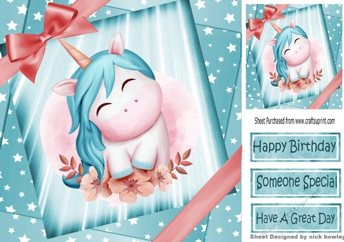 fantasy watercolour  unicorn in turq star spangled sky with bow 8x8