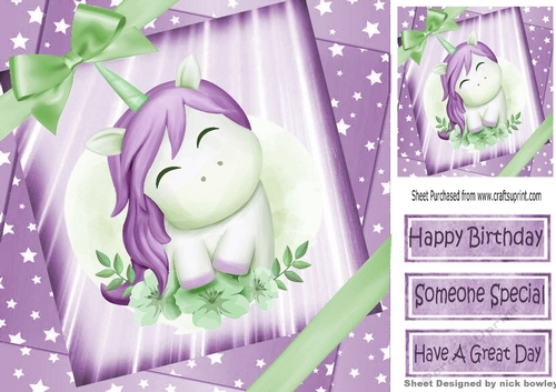 fantasy watercolour  unicorn in purple star spangled sky with bow 8x8