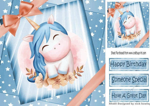 fantasy watercolour  unicorn in blue star spangled sky with bow 8x8