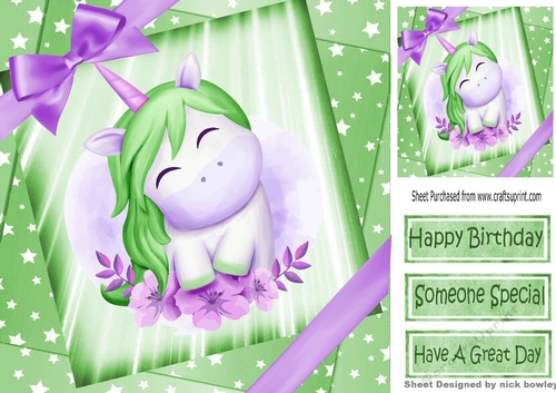 fantasy watercolour  unicorn in green star spangled sky with bow 8x8