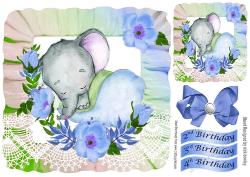 pretty rainbow frill frame with baby ele and flowers 8x8 blue
