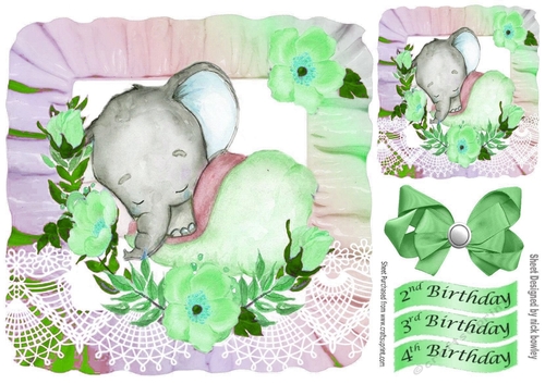 pretty rainbow frill frame with baby ele and flowers 8x8 green