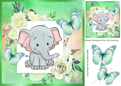 Cute Ele in frame of roses with butterflies 8x8 green