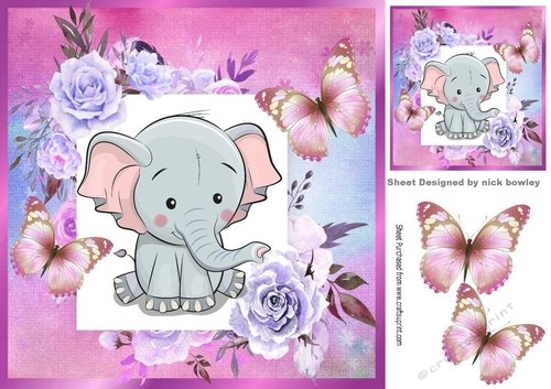 Cute Ele in frame of roses with butterflies 8x8 pink
