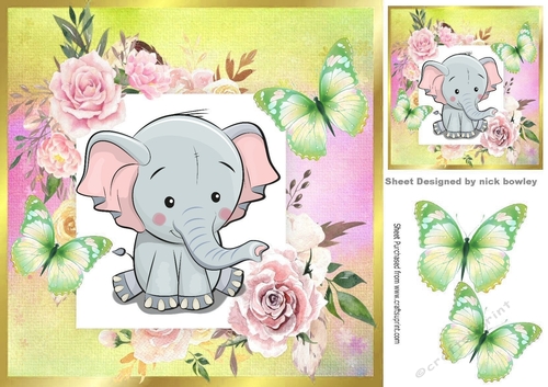 Cute Ele in frame of roses with butterflies 8x8 gold
