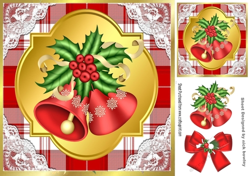 Red Tartan & Lace With Christmas bells and bow 8x8