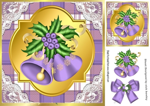 Lilac Tartan & Lace With Christmas bells and bow 8x8