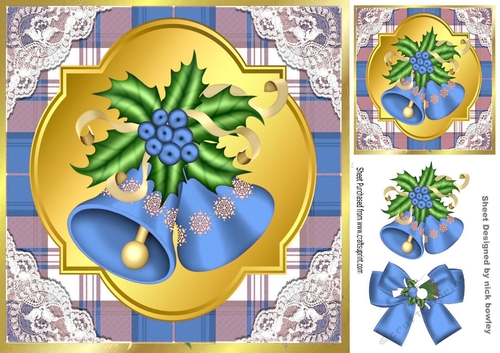 blue Tartan & Lace With Christmas bells and bow 8x8