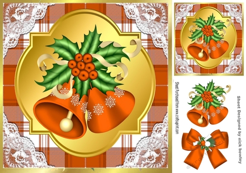 Orange Tartan & Lace With Christmas bells and bow 8x8