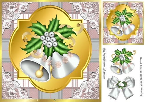 Silver Tartan & Lace With Christmas bells and bow 8x8