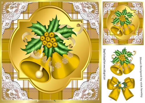 Gold Tartan & Lace With Christmas bells and bow 8x8