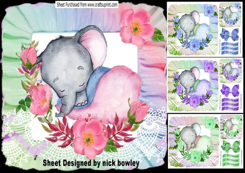  4 pretty rainbow frill card fronts  with baby ele sleeping and flowers 8x8 mini kit