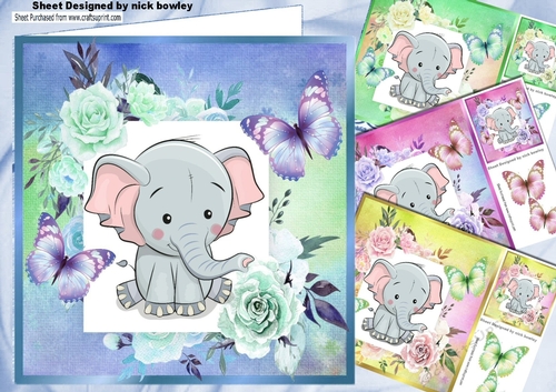  4 Cute Ele Card fronts  in frame of roses with butterflies 8x8 mini kit