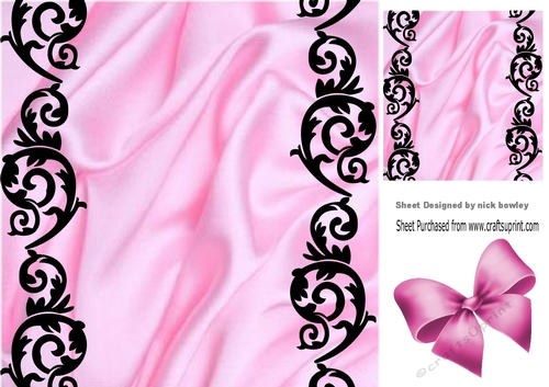Cerise satin and ornate black border 8x8 card front