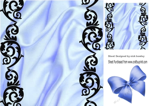 blue satin and ornate black border 8x8 card front