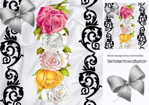 Pretty rose border in black ornate & satin card front 8x8