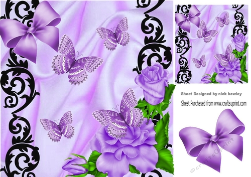 Pretty purple corner roses with butterflies  in black ornate & satin card front 8x8
