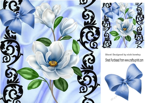 Pretty blue magnolias  in black ornate & satin card front 8x8