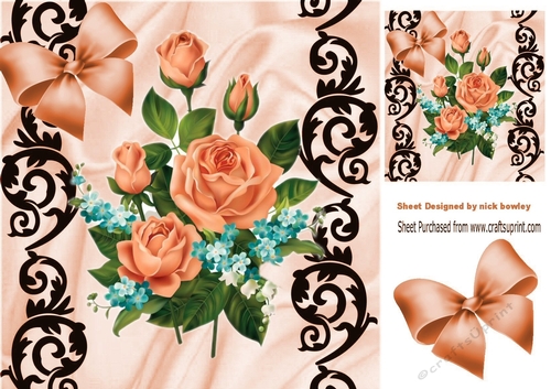 Pretty peach roses turq flowers  in black ornate & satin card front 8x8