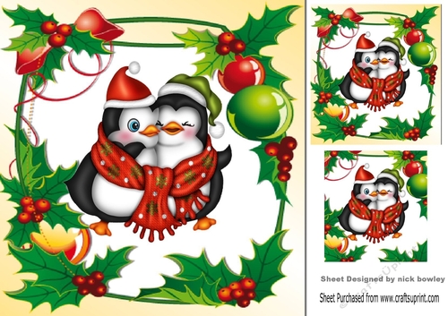 Lovely cuddle penguins in holly and berry frame 8x8