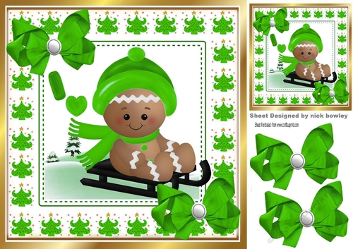 Cute Gingerbread in the  snow  with green  bows 8x8 (two)