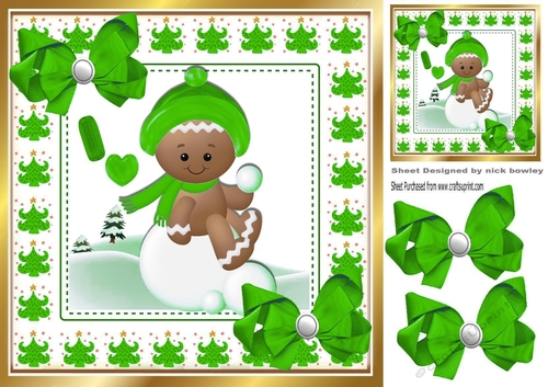 Cute Gingerbread in the  snow  with  green bows 8x8 (three)
