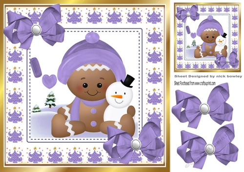 Cute Gingerbread in the  snow  with purple bows 8x8 (one)