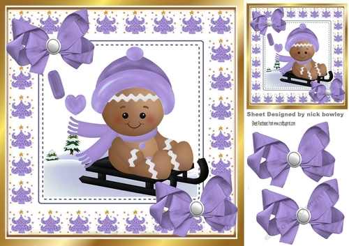 Cute Gingerbread in the  snow  with purple bows 8x8 (two)