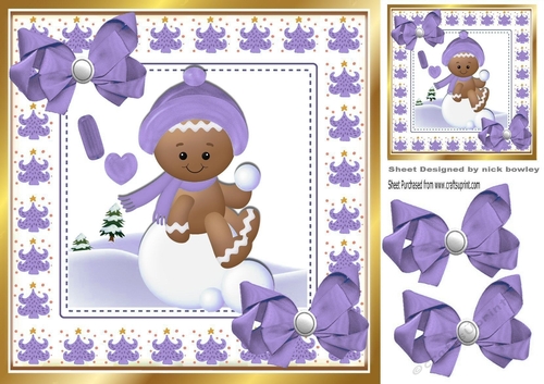 Cute Gingerbread in the  snow  with purple bows 8x8 (three)