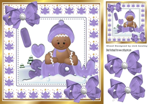 Cute Gingerbread in the  snow  with  purple bows 8x8 (four)