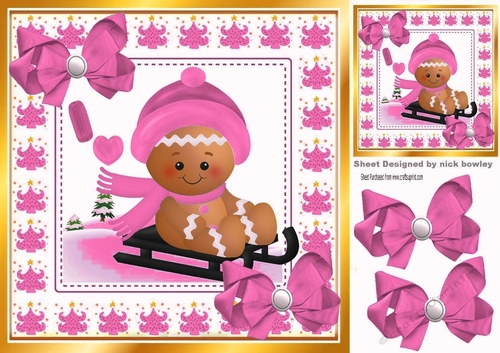 Cute Gingerbread in the  snow  with  pink bows 8x8 (two)