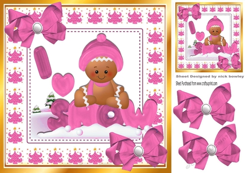 Cute Gingerbread in the  snow  with  pink bows 8x8 (three)