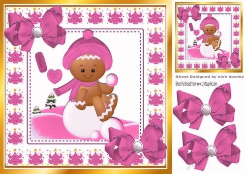 Cute Gingerbread in the  snow  with  pink bows 8x8 (four)